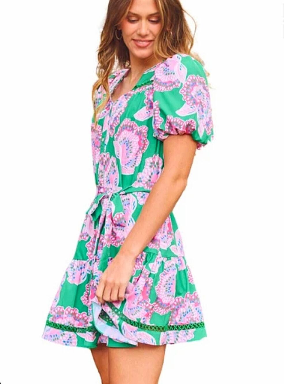 Mary Square Addison Green Pink Floral Mini Dress M Preppy Colorful Twee